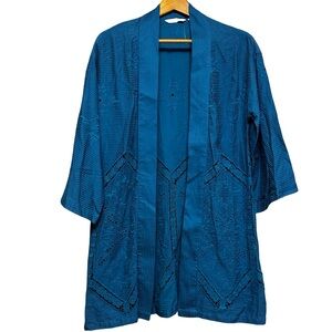 Soft Surroundings Open Front Kimono Cardigan Small Blue Textured Boho Layer